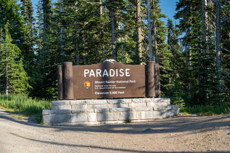 Washington, USA - July 30, 2020: Sign for the Paradise area in Mount Rainier National Parkのeditorial素材
