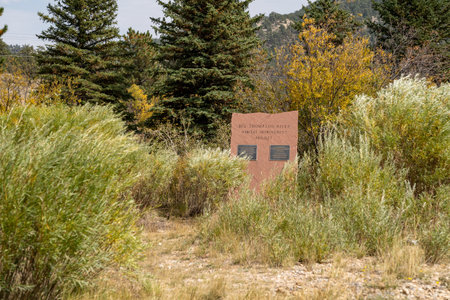 Estes Park, Colorado - September 19, 2020: Sign for the Big Thompson River Habitat Improvement Project near Lake Estesのeditorial素材