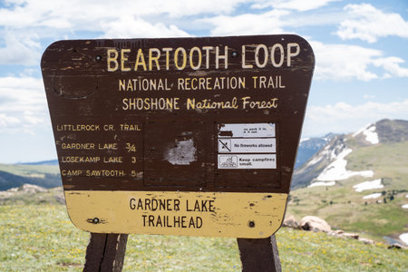 Wyoming, USA - July 2, 2020: Sign for the Beartooth Loop, along the Beartooth Highway. This is a...