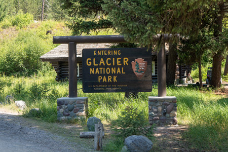 Polebridge, Montana - July 28, 2020: Entering Glacier National Park sign, near the Bowman Lake roadのeditorial素材