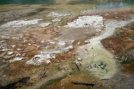 Abstract view, close up, of a colorful hot spring in the Norris Geyser Basin in Yellowstone National Parkの写真素材