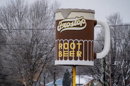 Taylors Falls, Minnesota - January 9, 2021: The Frostop Root Beer sign at the classic, retro drive...