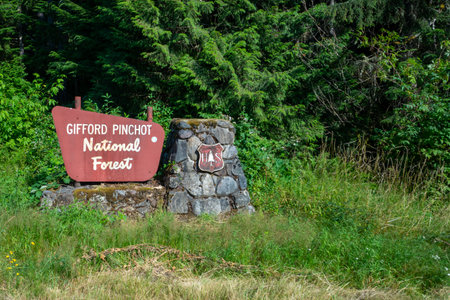 Washington, USA - July 30, 2020: Gifford Pinchot National Forest sign near Mt. Rainierのeditorial素材