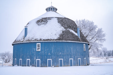 Chisago City, Minnesota - January 9, 2021: The CA Moody blue round barn on Moody Lake in Chisago...