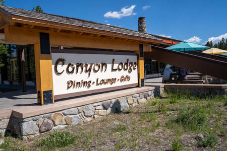 Wyoming, USA - June 28, 2021: Canyon Lodge building in Yellowstone National Park offers dining, gift shop and a loungeのeditorial素材