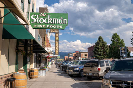 Livingston, Montana - July 3, 2021: Downtown historic area, with the Stockman Fine Food star, along with other shops and restaurants along the sidewalkのeditorial素材