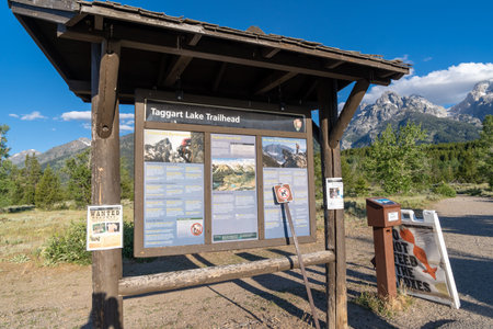 Wyoming, USA - June 27, 2021: Trailhead sign and information at the Taggart Lake and Bradley Lake hikes