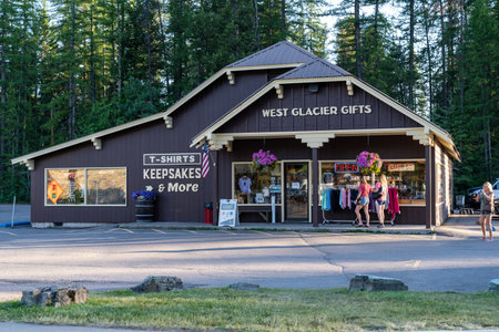 West Glacier, Montana - June 30, 2021: Exterior of West Glacier Gifts, a souvenir shop in the tourist town outside of the national parkのeditorial素材
