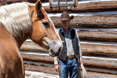 Deer Lodge, Montana - June 30, 2021: Horse at the Grant-Kohrs National Historic Site Ranch, with a rancher farmhand park ranger (intentionally blurred)のeditorial素材