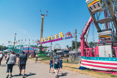 Boise, Idaho - August 20, 2021: The Midway amusement park rides at the Western Idaho State Fair, at...