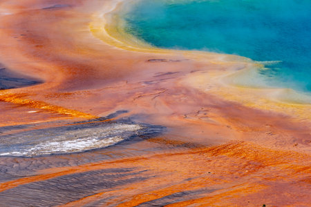 Abstract colorful view of Grand Prismatic Spring and its rainbow colors, in Yellowstone National...