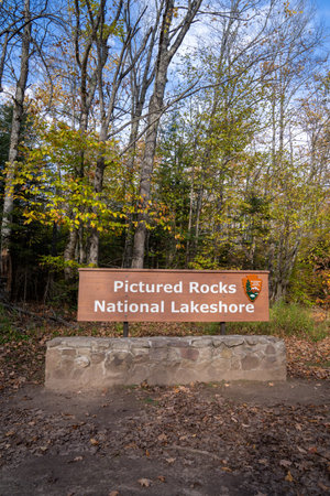 Michigan, USA - October 19, 2021: Entrance sign for Pictured Rocks National Lakeshore in the Upper Peninsula along Lake Superiorのeditorial素材