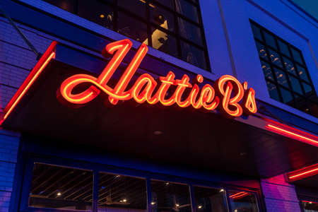 Nashville, Tennessee - January 10, 2022: Neon sign for the famous Hattie B's restaurant, serving Nashville hot chickenのeditorial素材