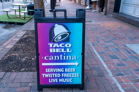 Nashville, Tennessee - January 10, 2022: Sign for Taco Bell cantina location in downtown near broadway. This fast food chain sells alcohol and has live musicのeditorial素材