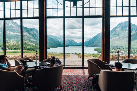 Waterton, Alberta, Canada - July 5, 2022: View from inside the lobby at the Prince of Wales historic hotel, in Waterton Lakes National Parkのeditorial素材