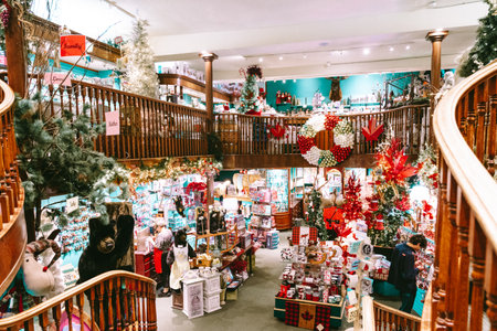 Banff, Alberta, Canada - July 6, 2022: Inside the Spirit of Christmas shop in downtown Banff, selling ornaments and trees year roundのeditorial素材