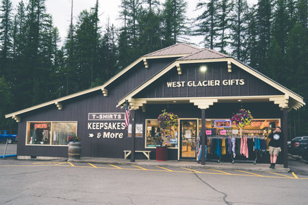 West Glacier, Montana - July 3, 2022: Exterior of the West Glacier Gifts shop, selling t-shirts and...