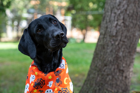 Black labrador retriever puppy sits, tilting his head wearing a Halloween scarf bandanaの写真素材