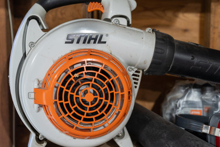 New Hope, Minnesota - October 1, 2022: A Close up of a Stihl brand leaf blower in a garageのeditorial素材