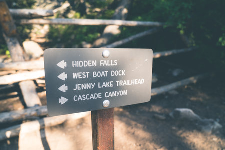 Trail directional marker for hikers in Grand Teton National Park - showing Hidden Falls, West Boat Dock, and Cascade Canyonの写真素材