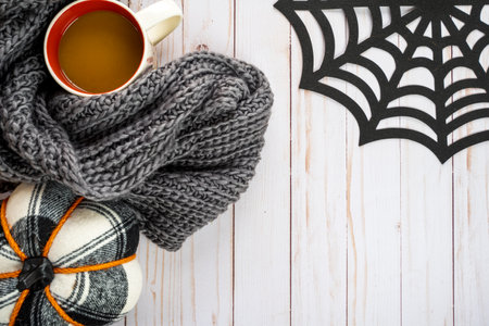Cozy fall autumn arrangement flatlay with a coffee mug, grey blanket, fabric plaid pumpkin and a black spiderweb on a wood backgroundの写真素材