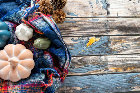 Autumn concept flatlay, top down view, with blue plaid scarf, pumpkins and pine cones