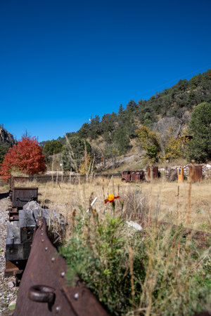 Abandoned mining equipment in the Mogollon ghost town in New Mexico. Selective focus on the old truckの写真素材