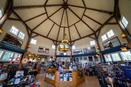 Wyoming, USA - July 19, 2022: Inside the Lake Yellowstone General Store and gift shop, wide angle fisheye viewのeditorial素材