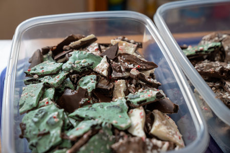 Chocolate peppermint bark, homemade, in serving trays for the holidays, in selective focusの写真素材
