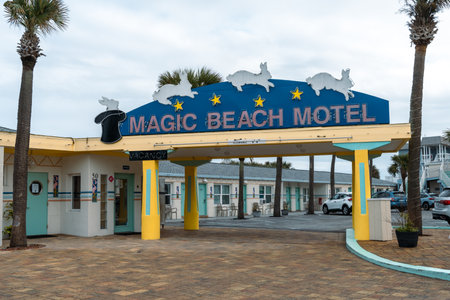 Vilano Beach, Florida - December 29, 2022: Sign for the Magic Beach Motel, a vintage style hotel on the Atlantic coast of Floridaのeditorial素材