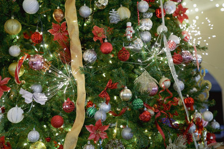 Festive glittery Christmas ornaments on a tree, with sparkle decorations