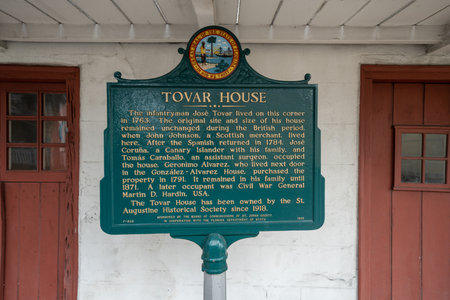 St. Augustine, Florida - December 31, 2022: Historical marker and plaque for the Tovar House tourist attractionのeditorial素材