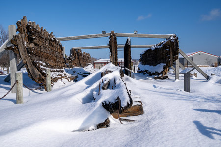 Shipwreck remains of the wreck of the Lottie Cooper, a lumber schooner boat that sunk in Lake Michigan, near Sheboygan Wisconsinの写真素材