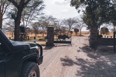 Kenya, Africa - March 7, 2023: Safari Land Cruiser vehicle enters through the gate at Lake Nakuru National Park to see flamingos and rhinosのeditorial素材