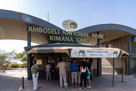 Kenya, Africa - March 5, 2023: Tourists and drivers wait in line at the Amboseli National Park Kimana Gate to pay fees and registerのeditorial素材