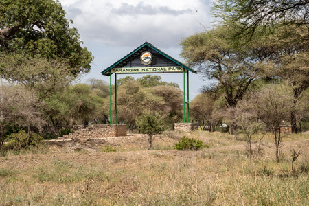 Tanzania, Africa - March 13, 2023: Welcome and entrance sign for Tarangire National Park, a popular wildlife safari area to see elephants and baobob treesのeditorial素材