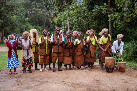 Rushaga, Bwindi Impenetrable Forest National Park, Uganda - March 24, 2023: Batwa pygmies tribe people performing a traditional danceのeditorial素材