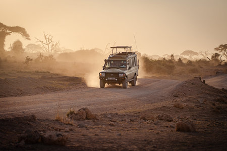 Amboseli National Park, Kenya, Africa - March 5, 2023: Safari Land Cruiser vehicle drives on the...