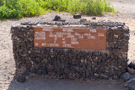 Sign with rules for the Observation Hill hike, reminding tourists not to litter in Amboseli National Park. Kenya Africaのeditorial素材