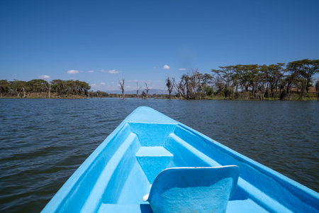 Lake Naivasha - tourist boat canoe sails to Crescent Island for a safari. Kenya, East Africaの写真素材