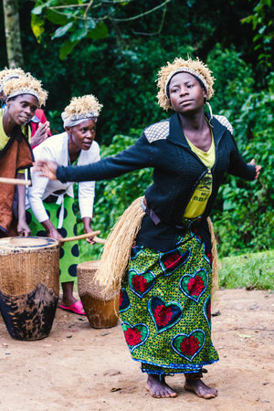 Rushaga, Bwindi Impenetrable Forest National Park, Uganda - March 24, 2023: Batwa pygmies tribe...