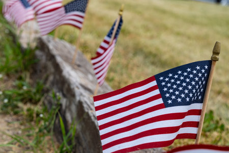 Small American flags on a curb, for Flag Day in the USA - June 14th. Selective focusの写真素材
