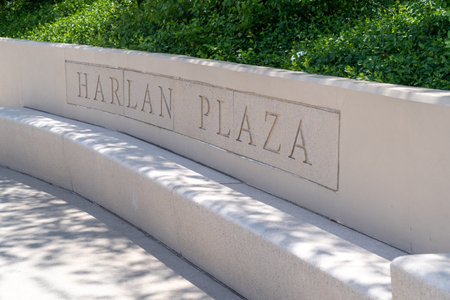 Green Bay, Wisconsin - June 2, 2023: Sign and bench for Harlan Plaza at Lambeau Field, home of the Green Bay Packersのeditorial素材