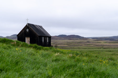 KrÃ½suvÃ­kurkirkja black church, part of the ReykjanesfÃ³lkvangur National Park in the Reykjanes Peninsula of Icelandの写真素材