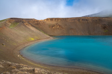 Viti Crater, a volcanic crater filled with teal water, near Krafla and Myvatn in Icelandの写真素材