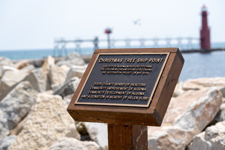 Algoma, Wisconsin - June 3, 2023: Historical marker and plaque for Christmas Tree Ship Point on Lake Michigan of the Great Lakesのeditorial素材