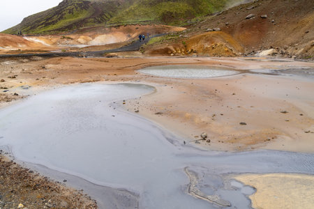 Seltun Geothermal Area in the Reykjanes Peninsula of Iceland, featuring hot springs and mud potsの写真素材