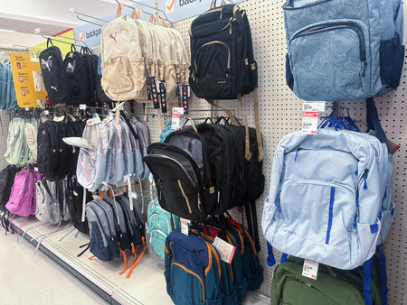 Plymouth, Minnesota - July 30, 2023: Display of backpacks for teens and children at the back-to-school section at a Target Storeのeditorial素材