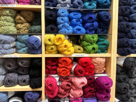 Reykjavik, Iceland - July 10, 2023: Skeins of colorful yarn for sale at the Handknitters Association store in the downtown areaのeditorial素材