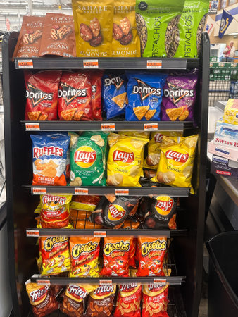 Brooklyn Park, Minnesota - July 30, 2023: Display of various Lays, Doritos, Cheetos and Fritos potato chips and snacks sale at a Fleet Farm store self checkout areaのeditorial素材